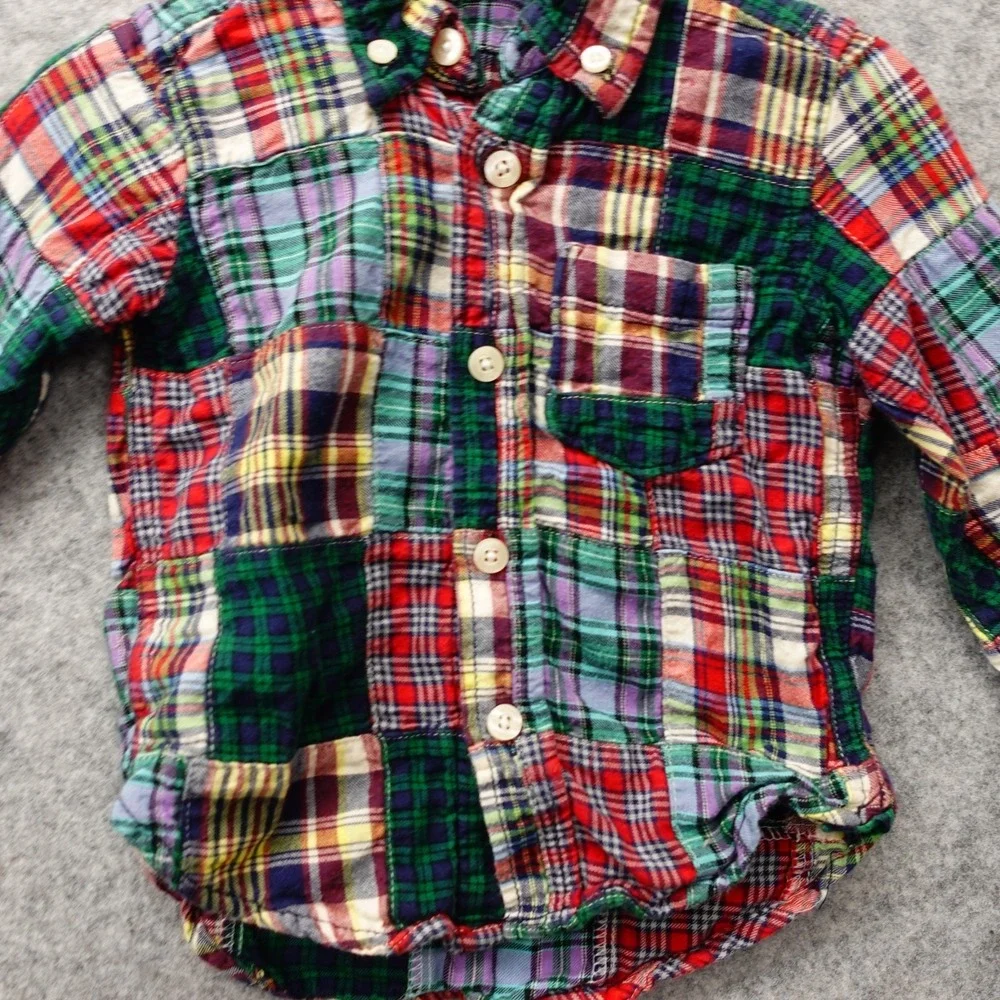 Patchwork Button Down Shirt Boys 12 18M BABY GAP Madras Plaid Preppy Holiday Ivy